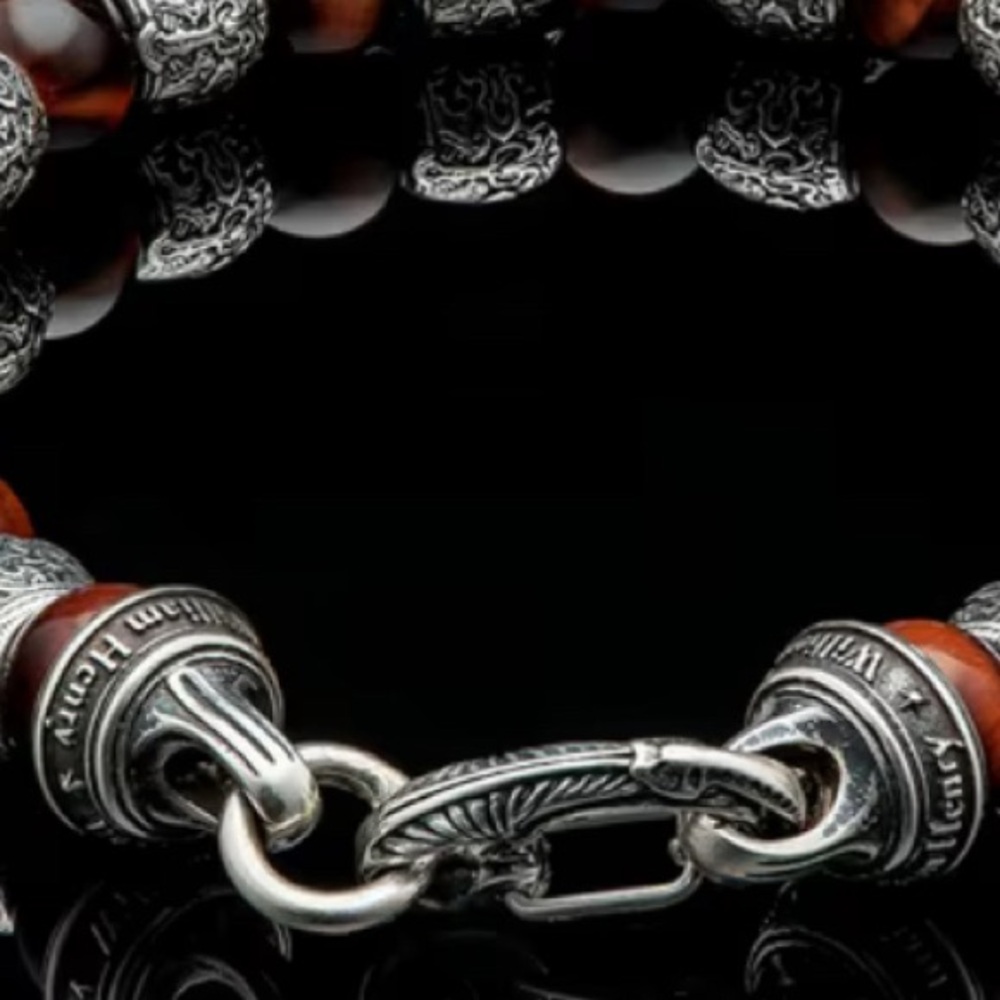 WILLIAM HENRY SCULPTED STERLING SILVER BRACELET RED TIGER EYE BEADS - Picture 9 of 15